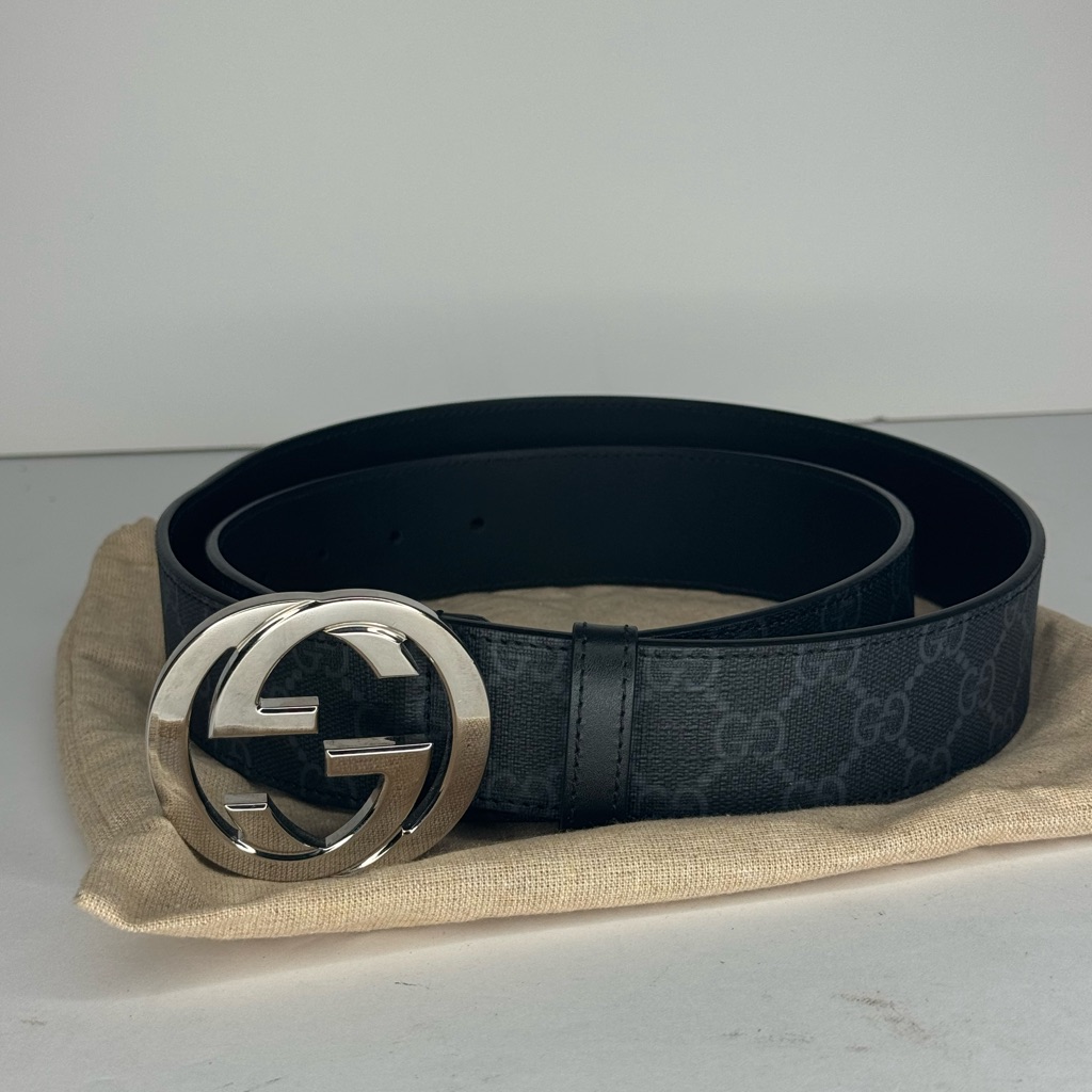 Gucci Black Monogram Belt With Silver Logo Buckle